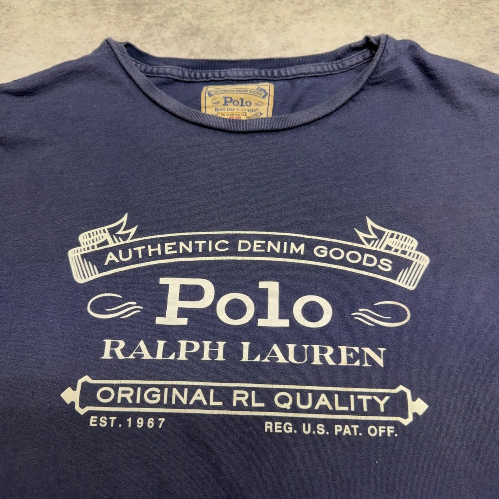 VTG Polo Ralph Lauren Authentic Denim Goods Mens Large Blue Graphic Logo T-Shirt - Picture 2 of 5